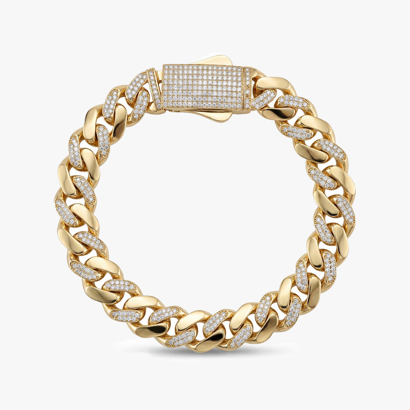 Solid Gold Half Pavé Miami Cuban Bracelet with Diamond Clasp – 11mm