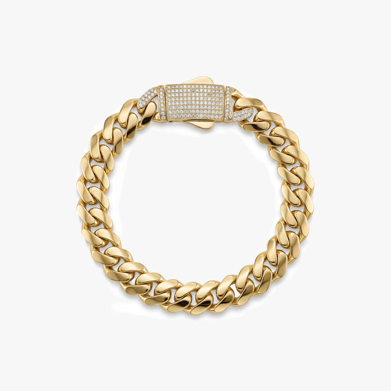 Solid Gold Miami Cuban Bracelet with Diamond Clasp – 11mm