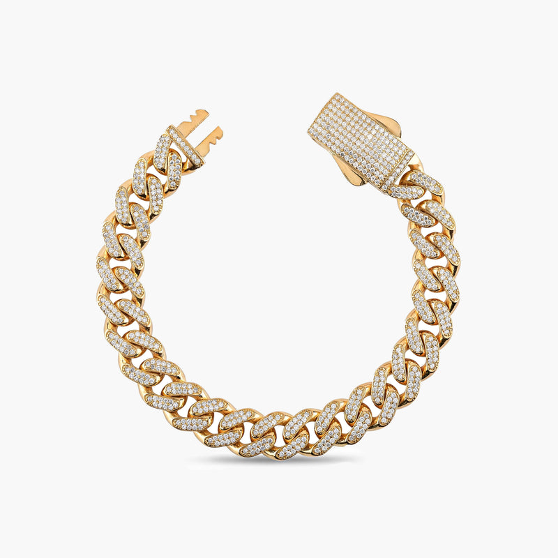 Solid Gold Pavé Miami Cuban Bracelet with Diamond Clasp – 11mm