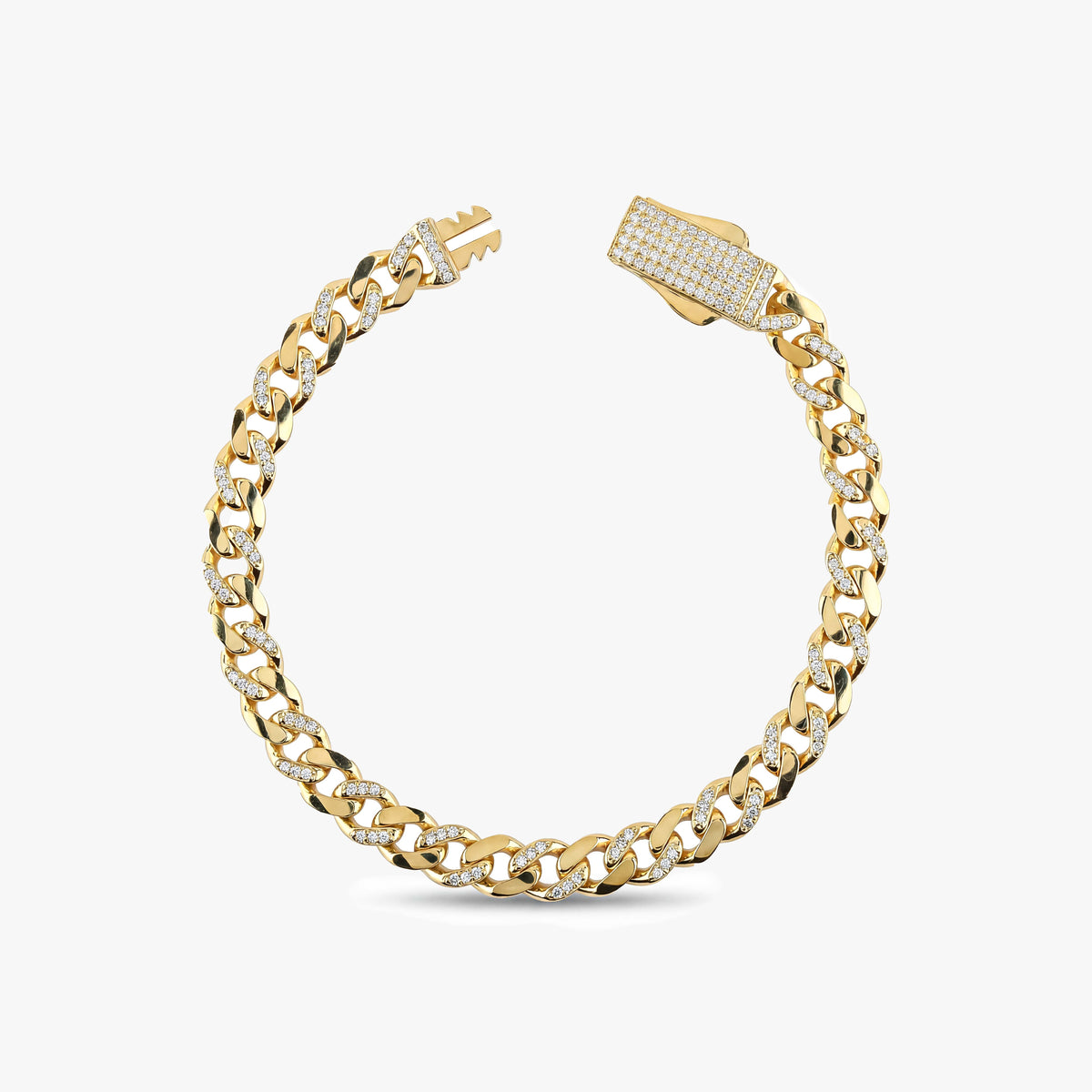 Solid Gold Half Pavé Miami Cuban Bracelet with Diamond Clasp – 7mm