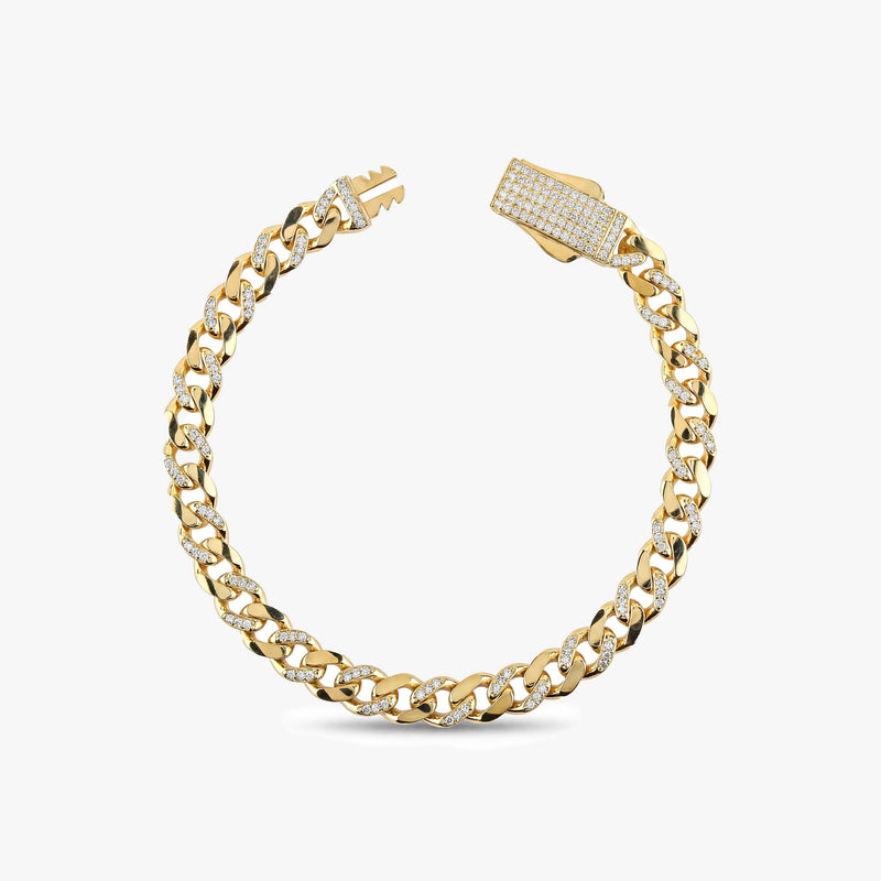 Solid Gold Half Pavé Miami Cuban Bracelet with Diamond Clasp – 7mm