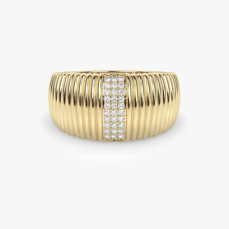 Gold Ribbed Ring with Pavé Lab Grown Diamonds