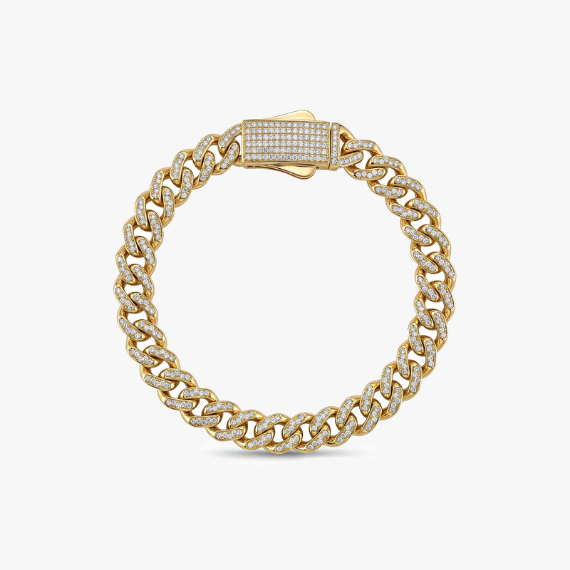 Solid Gold Pavé Miami Cuban Bracelet with Diamond Clasp – 9mm