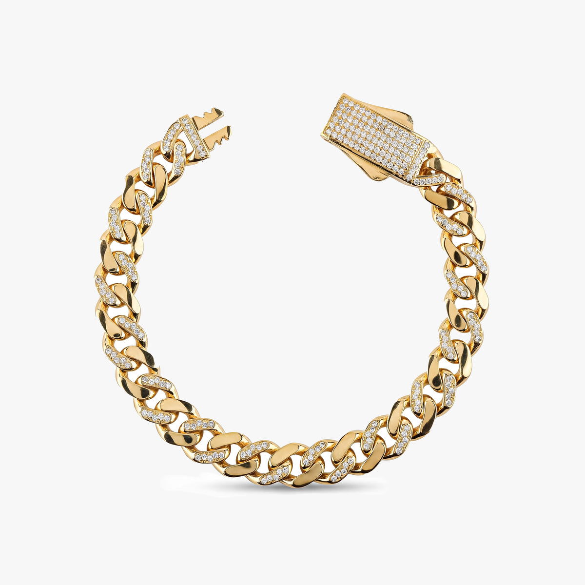 Solid Gold Half Pavé Miami Cuban Bracelet with Diamond Clasp – 9mm