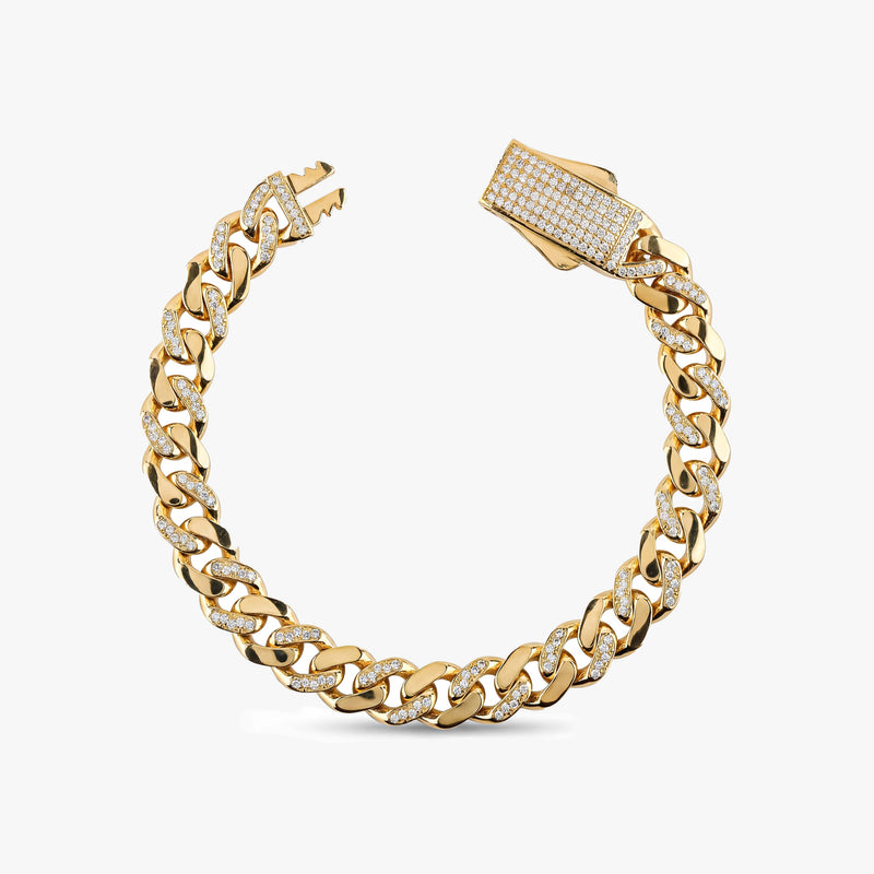Solid Gold Half Pavé Miami Cuban Bracelet with Diamond Clasp – 9mm