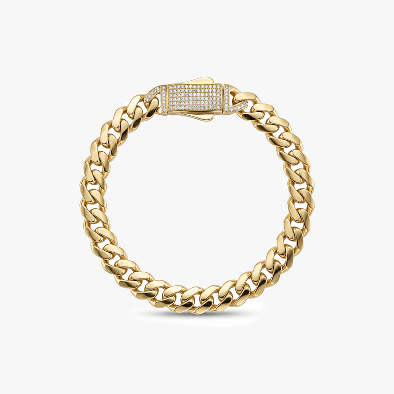 Solid Gold Miami Cuban Bracelet with Diamond Clasp – 9mm