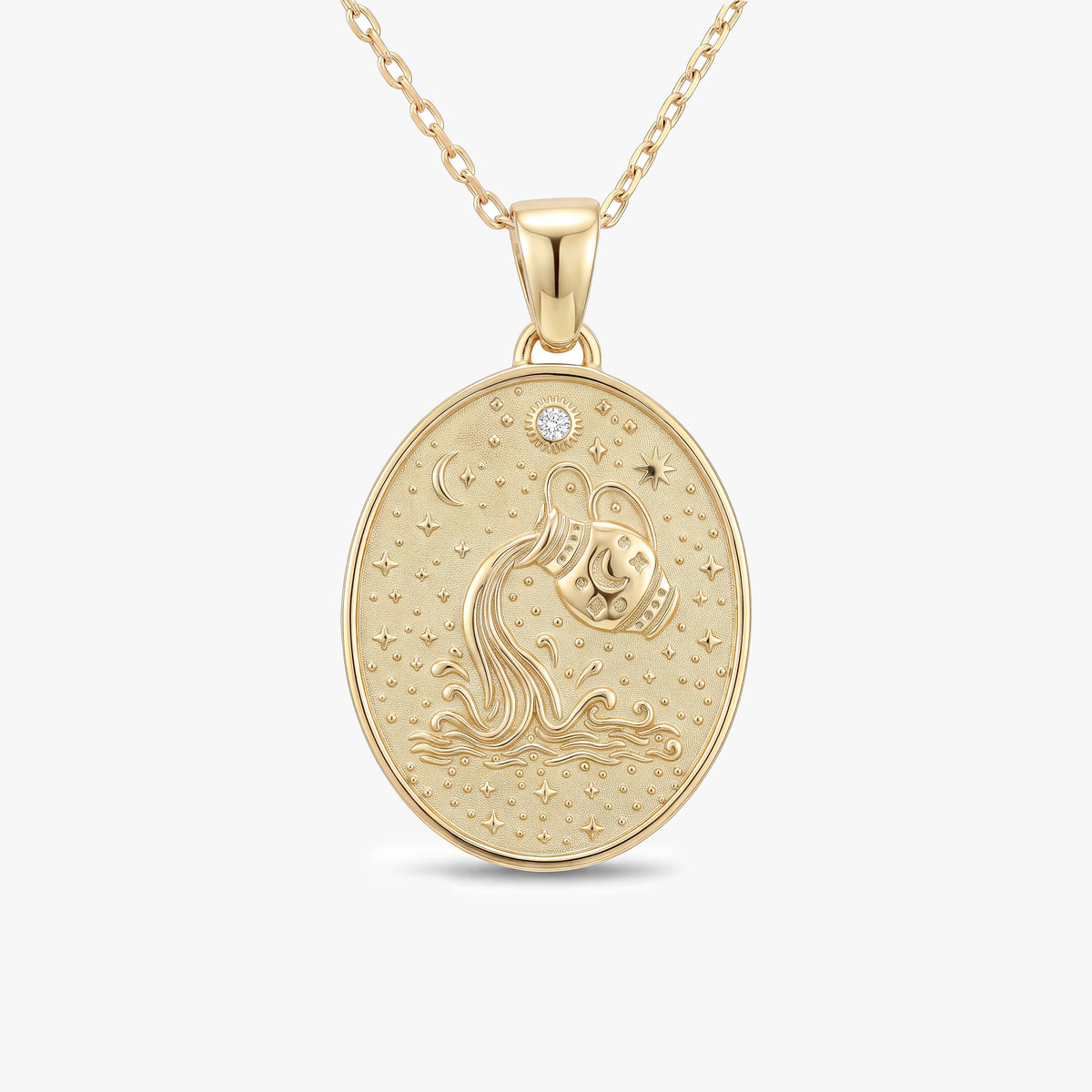 Aquarius Zodiac Diamond Solid Gold Necklace