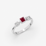 Ruby Princess Cut Three Stone Ring in Gold