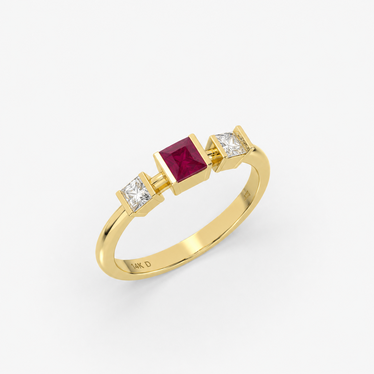 Ruby Princess Cut Three Stone Ring in Gold