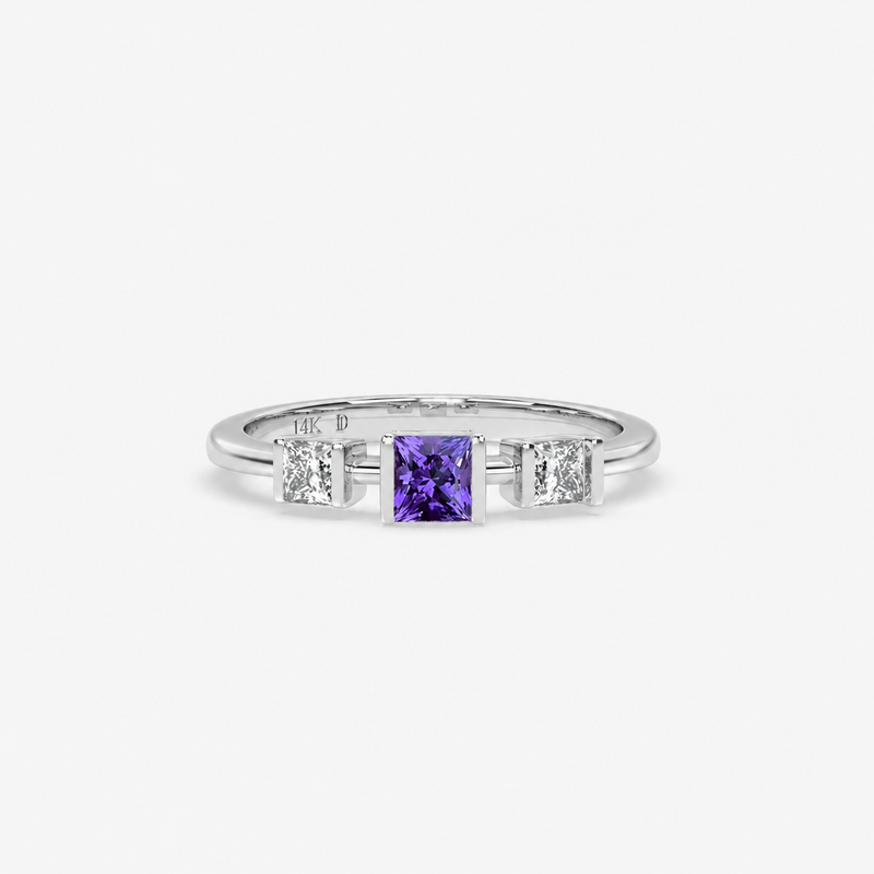 Amethyst Princess Cut Three Stone Ring in Gold