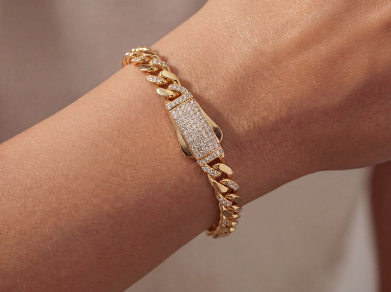 Solid Gold Half Pavé Miami Cuban Bracelet with Diamond Clasp – 7mm