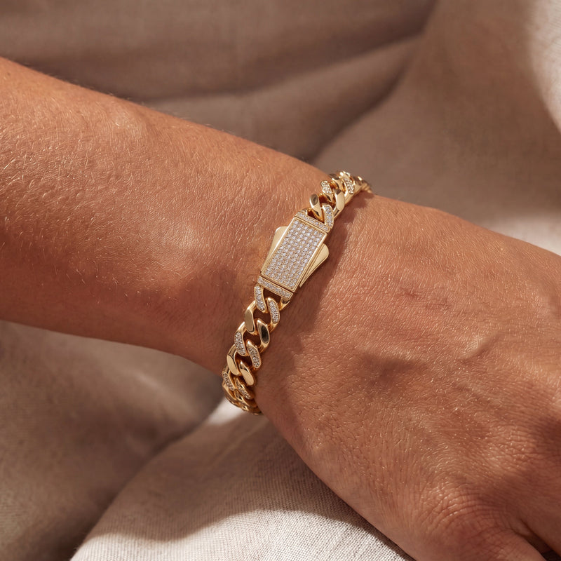Solid Gold Half Pavé Miami Cuban Bracelet with Diamond Clasp – 9mm