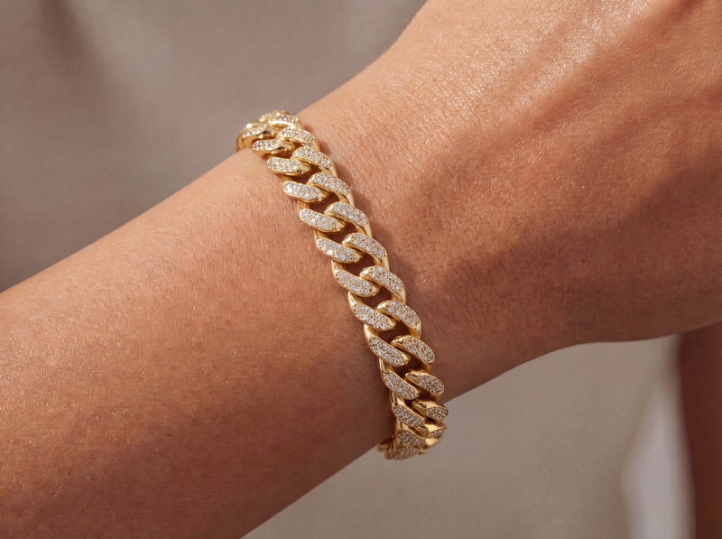 Solid Gold Pavé Miami Cuban Bracelet with Diamond Clasp – 11mm