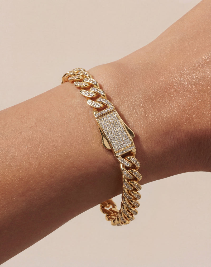 Solid Gold Pavé Miami Cuban Bracelet with Diamond Clasp – 9mm
