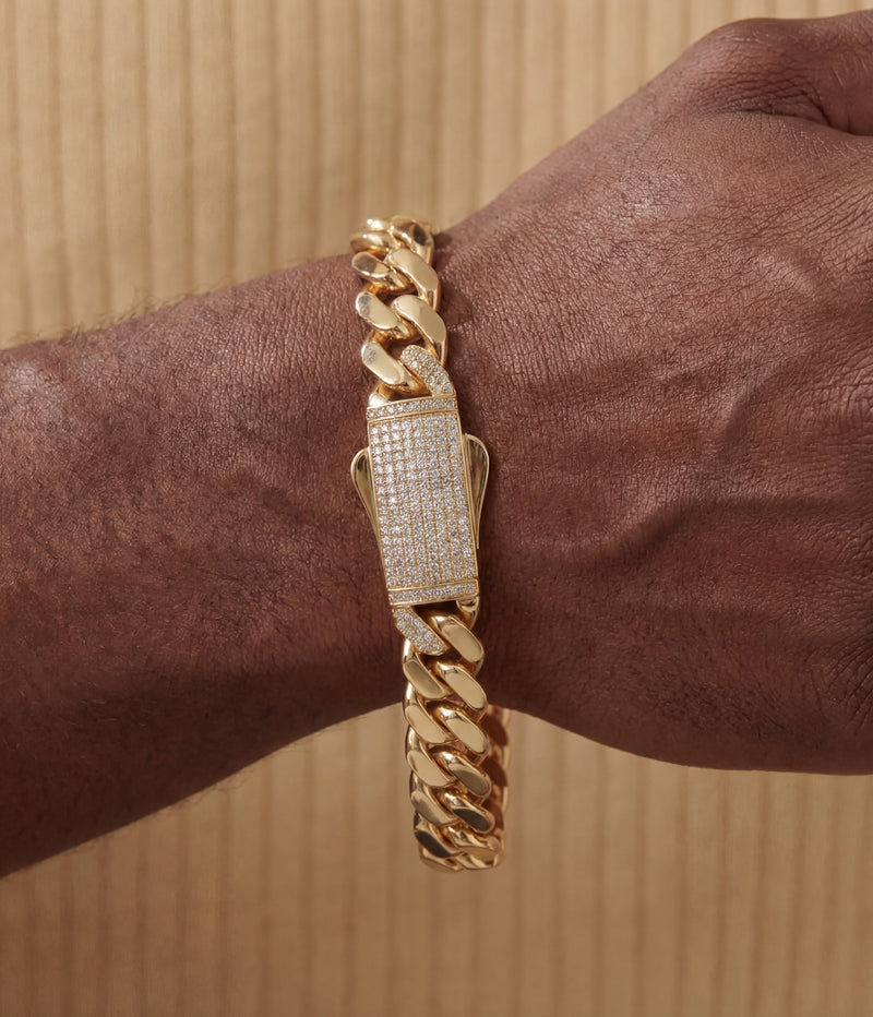 Solid Gold Miami Cuban Bracelet with Diamond Clasp – 11mm