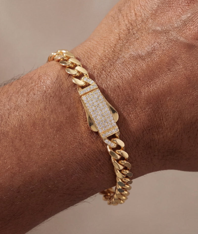 Solid Gold Miami Cuban Bracelet with Diamond Clasp – 9mm