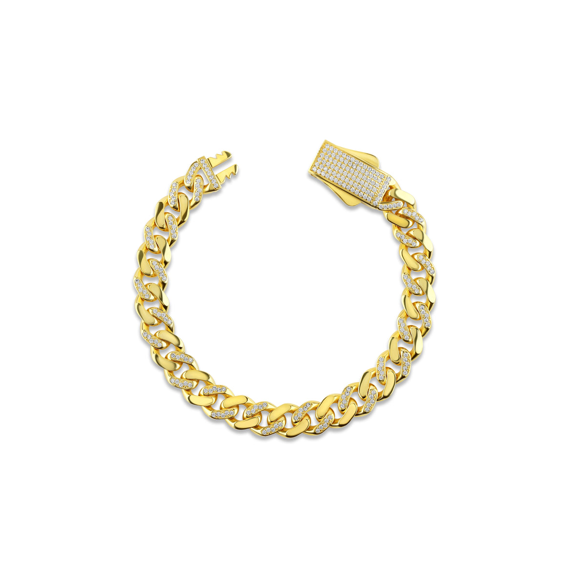 Solid Gold Half Pavé Miami Cuban Bracelet with Diamond Clasp – 9mm