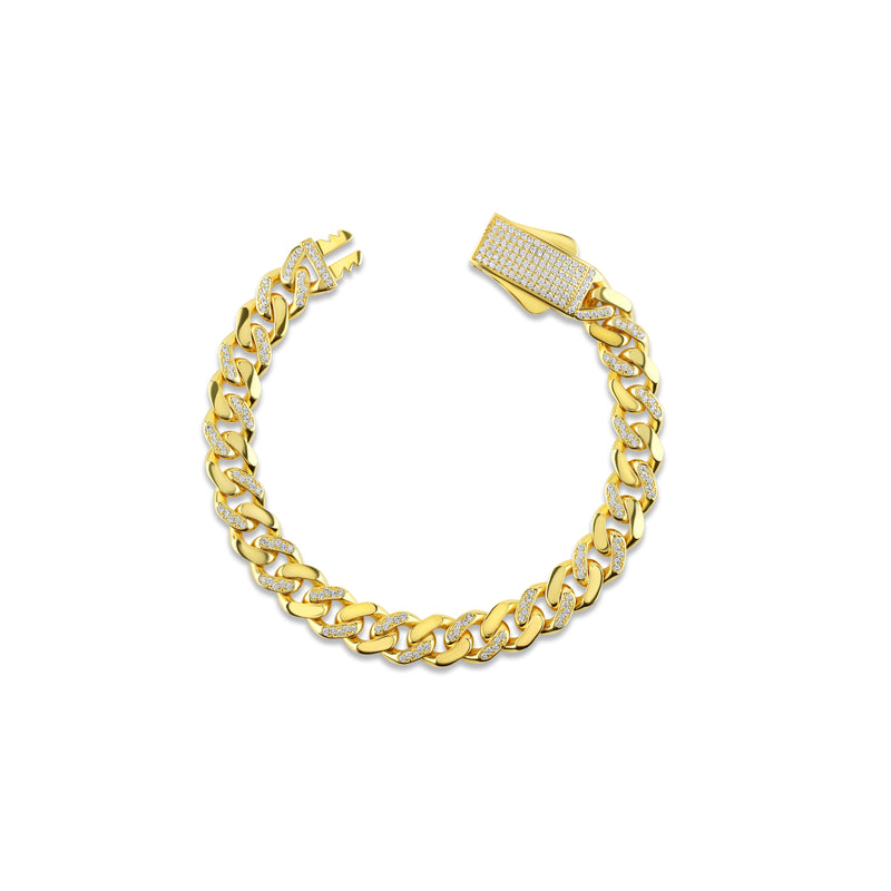 Solid Gold Half Pavé Miami Cuban Bracelet with Diamond Clasp – 9mm