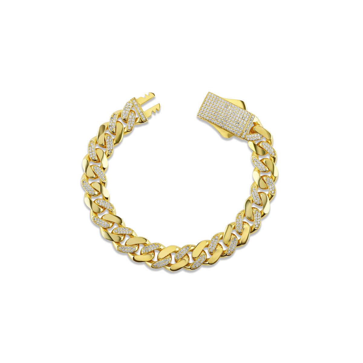Solid Gold Half Pavé Miami Cuban Bracelet with Diamond Clasp – 11mm