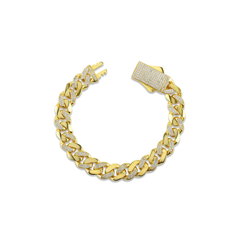 Solid Gold Half Pavé Miami Cuban Bracelet with Diamond Clasp – 11mm