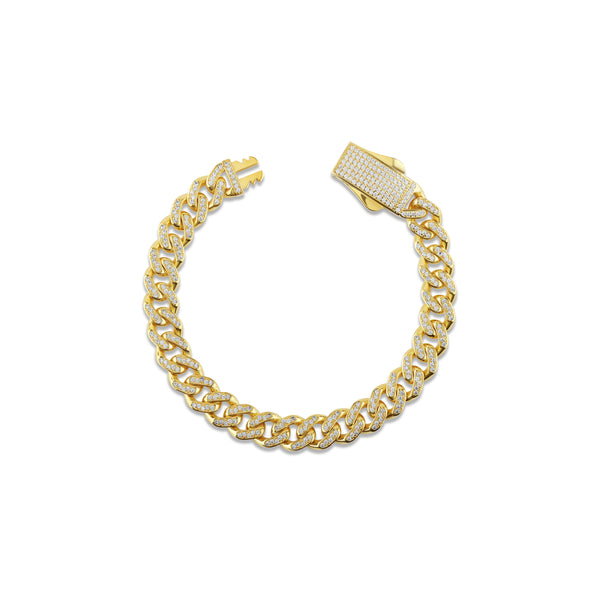 Solid Gold Pavé Miami Cuban Bracelet with Diamond Clasp – 9mm