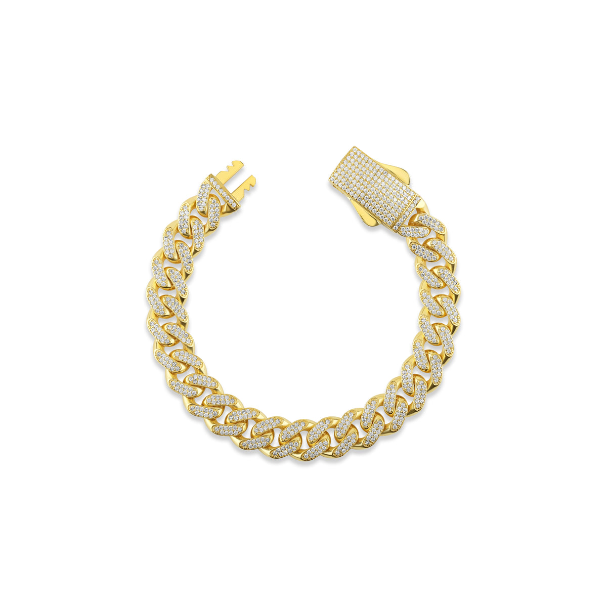 Solid Gold Pavé Miami Cuban Bracelet with Diamond Clasp – 11mm
