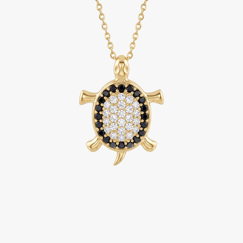 Black and White Diamond Turtle Gold Pendant Necklace