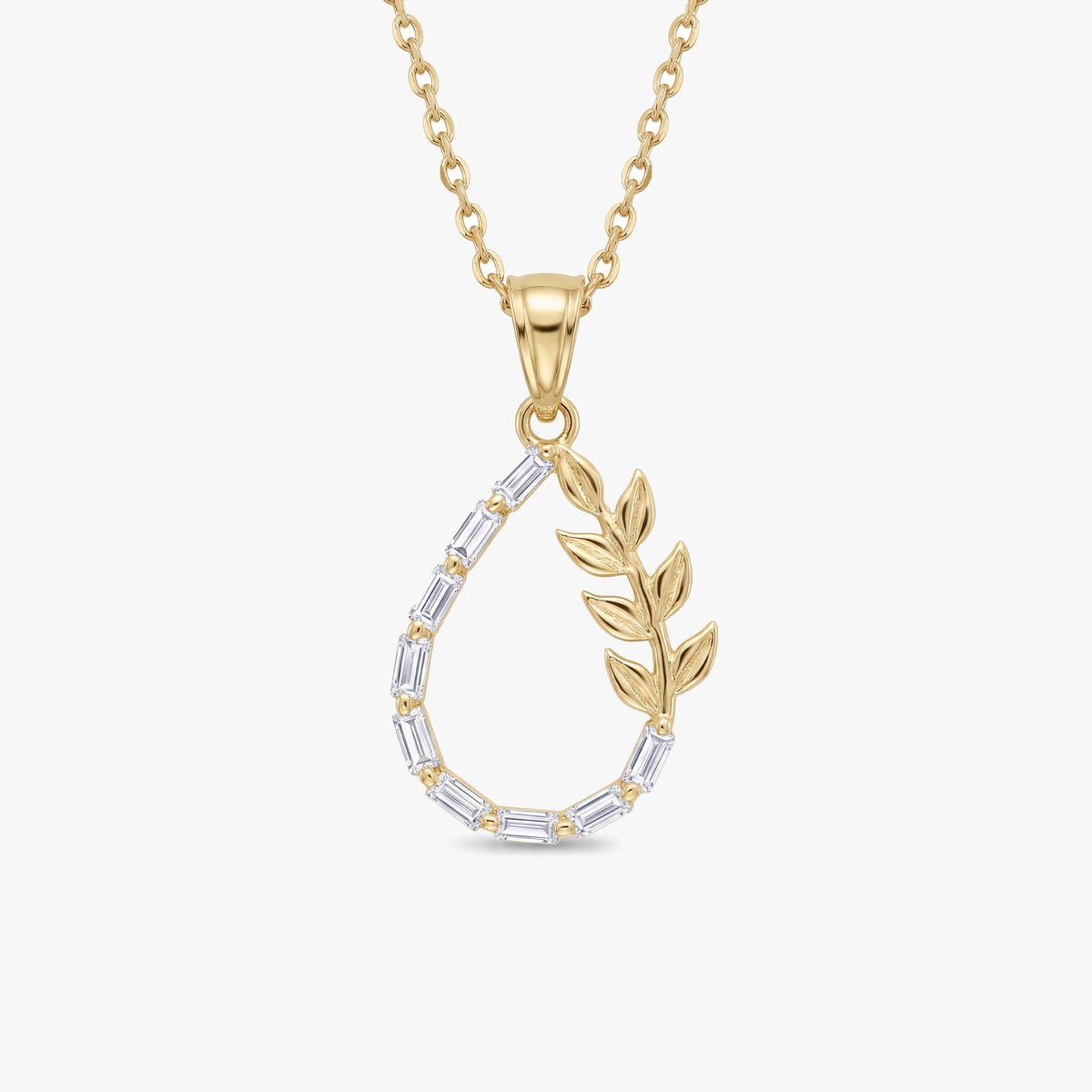 Solid Gold White Sapphire Leaf Necklace