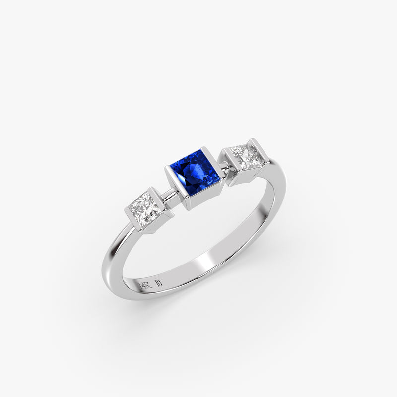 Sapphire Princess Cut Three Stone Ring in Gold