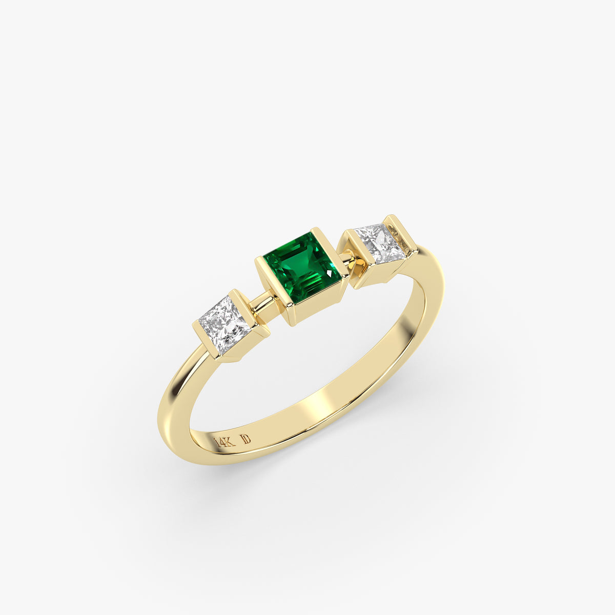Emerald Princess Cut Three Stone Ring in Gold