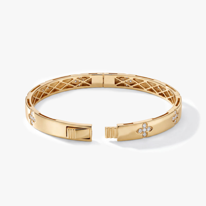 14K Solid Gold Diamond Clover Bangle Bracelet