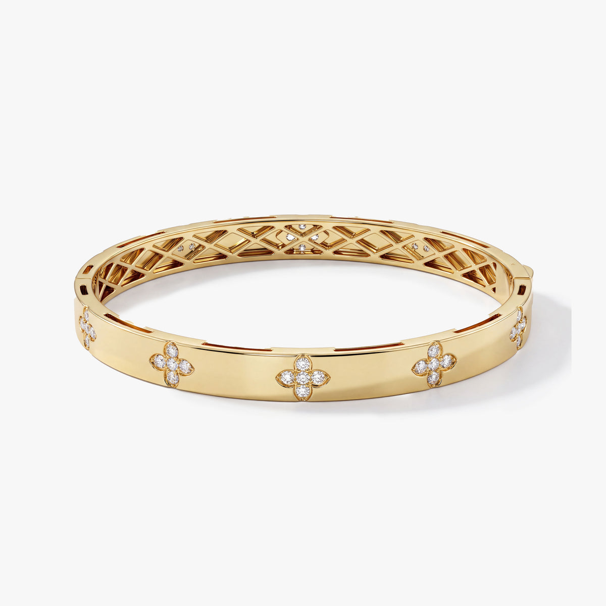 14K Solid Gold Diamond Clover Bangle Bracelet