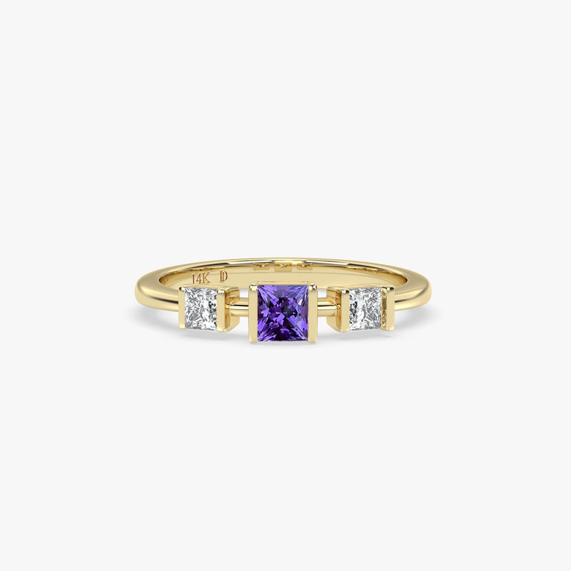 Amethyst Princess Cut Three Stone Ring in Gold