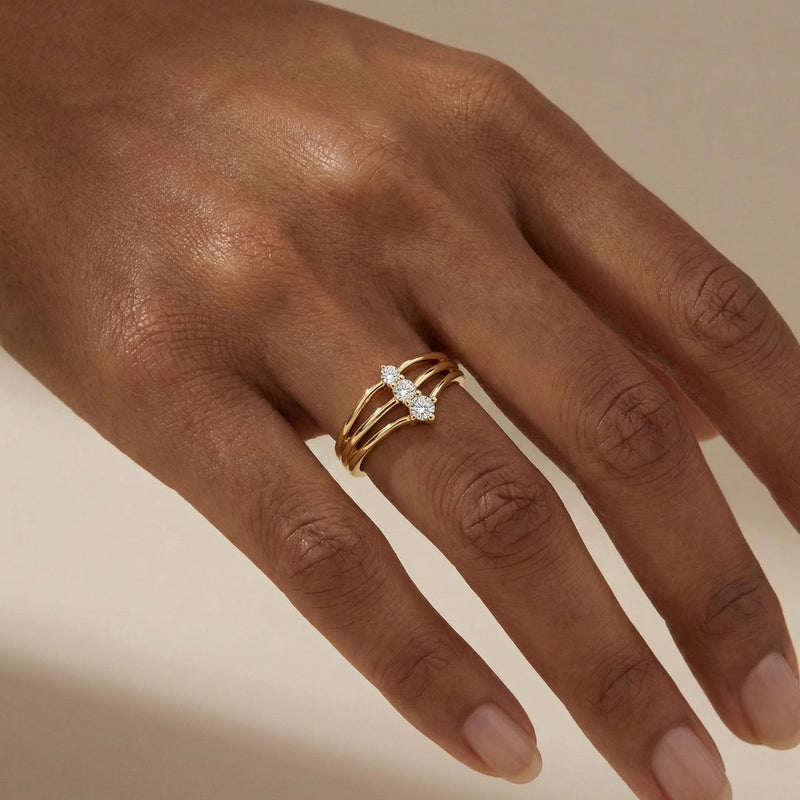 Three Diamond Chevron Ring in Gold