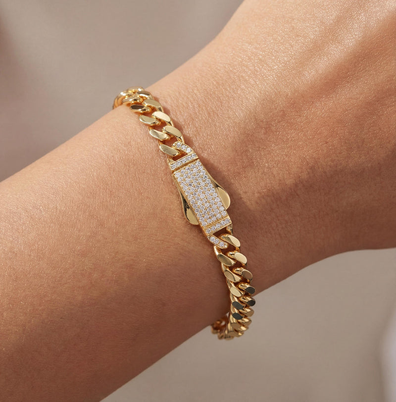 Solid Gold Miami Cuban Bracelet with Diamond Clasp – 7mm