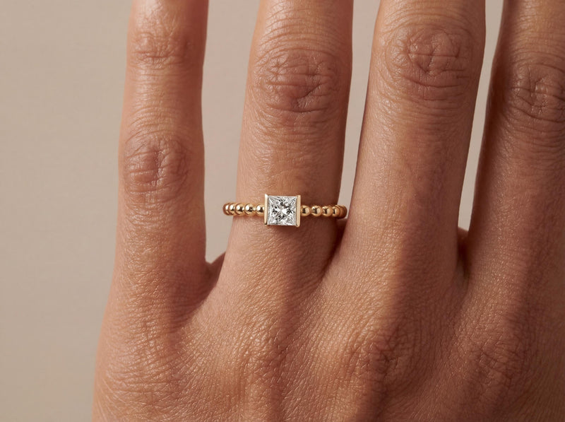 Princess Cut Beaded Diamond Gold Ring
