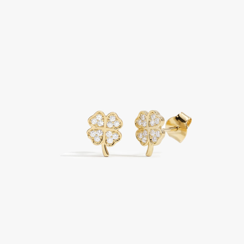 Gold Four Leaf Clover Diamond Stud Earrings